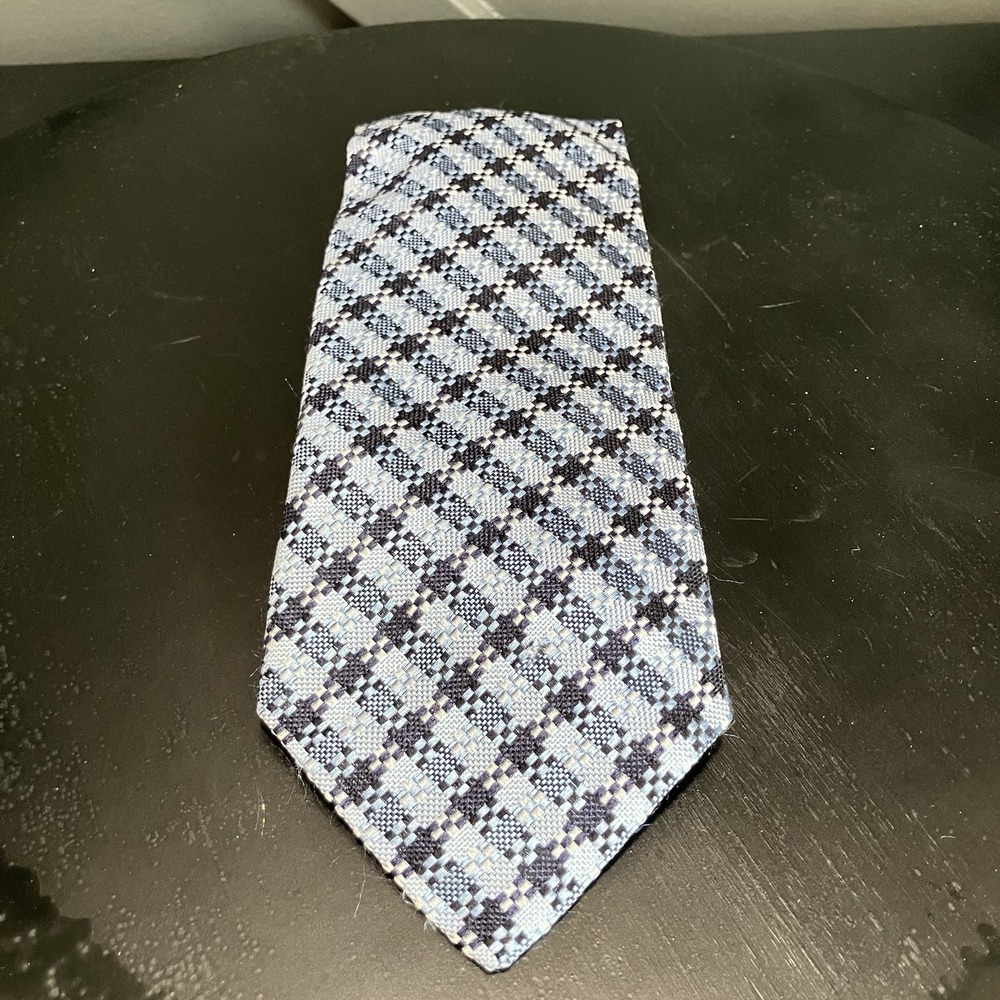 Escada 100% Silk Necktie Blue Navy Black Geometric Woven Check Luxury Tie